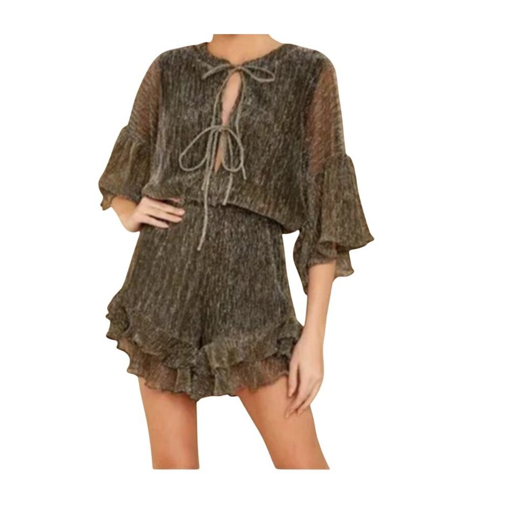 Fab'rik Romper Womens Medium Gold Metallic Chiffon Ruffle Hem Tie Front Boho
